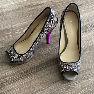 Suede spotted peep toe platform heels with contrast purple heel
